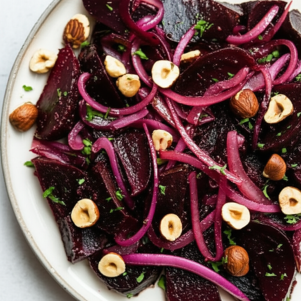 Balsamic Baked Beets With Red Onions Hazelnuts image