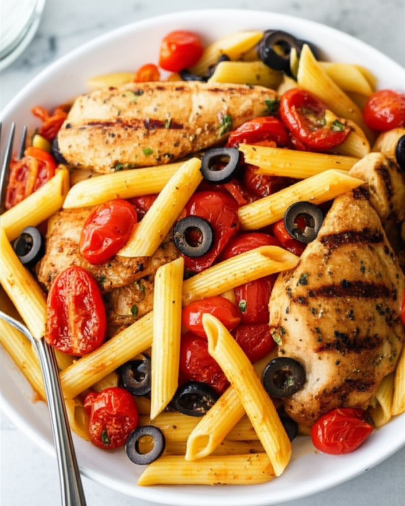 Penne Pasta With Grilled Chicken And Roasted Tomatoes image