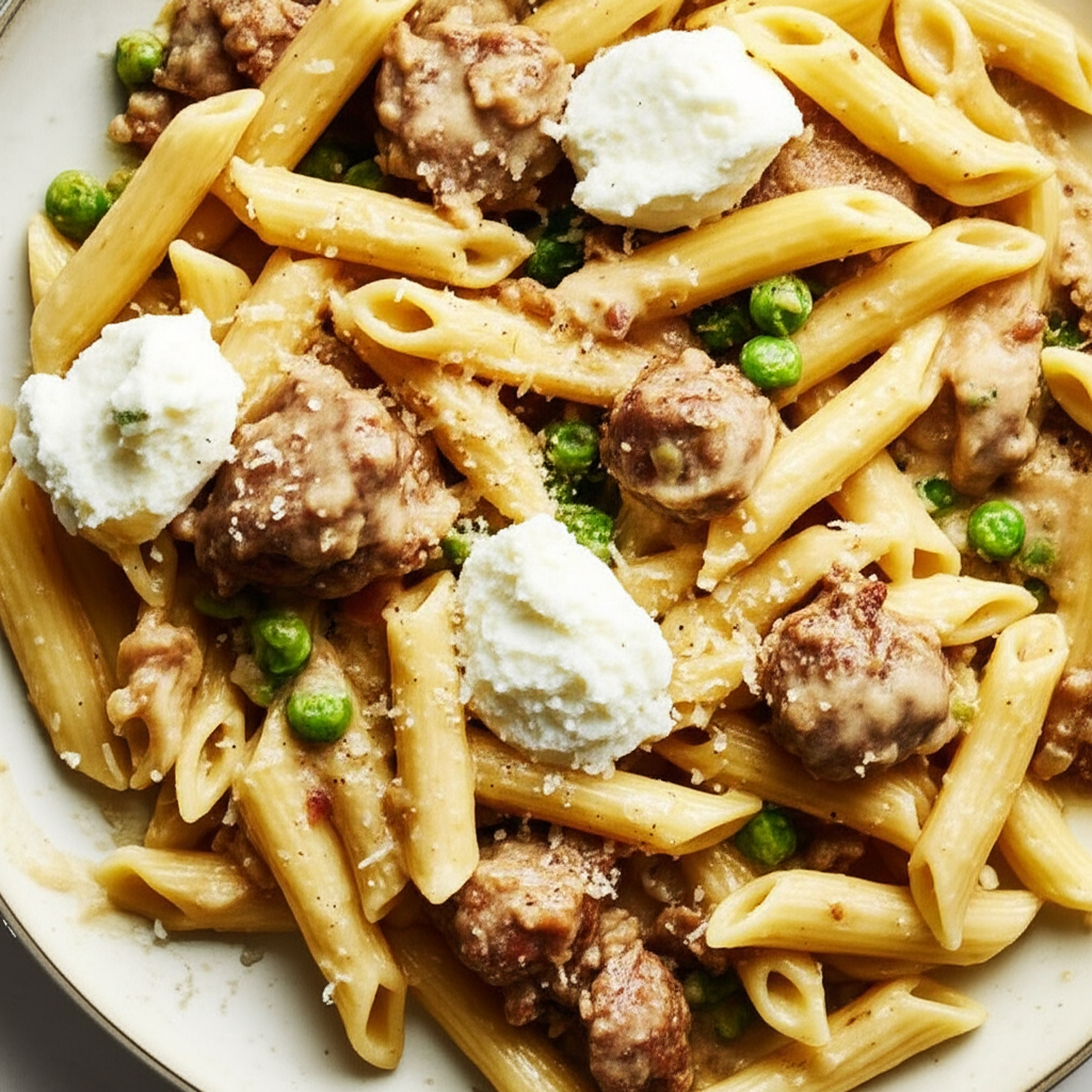 Penne With Sausage Peas And Mascarpone image