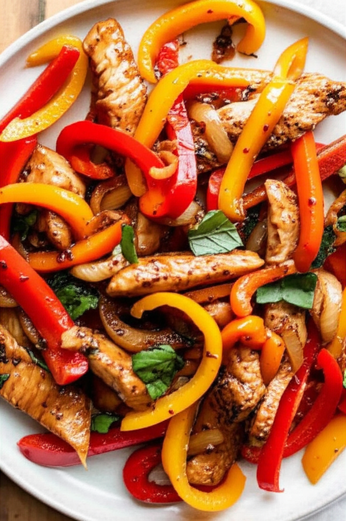 Balsamic Chicken With Red Orange And Yellow Peppers image