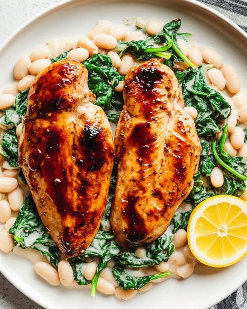 Balsamic Chicken With White Beans And Wilted Spinach Rachael Ray image