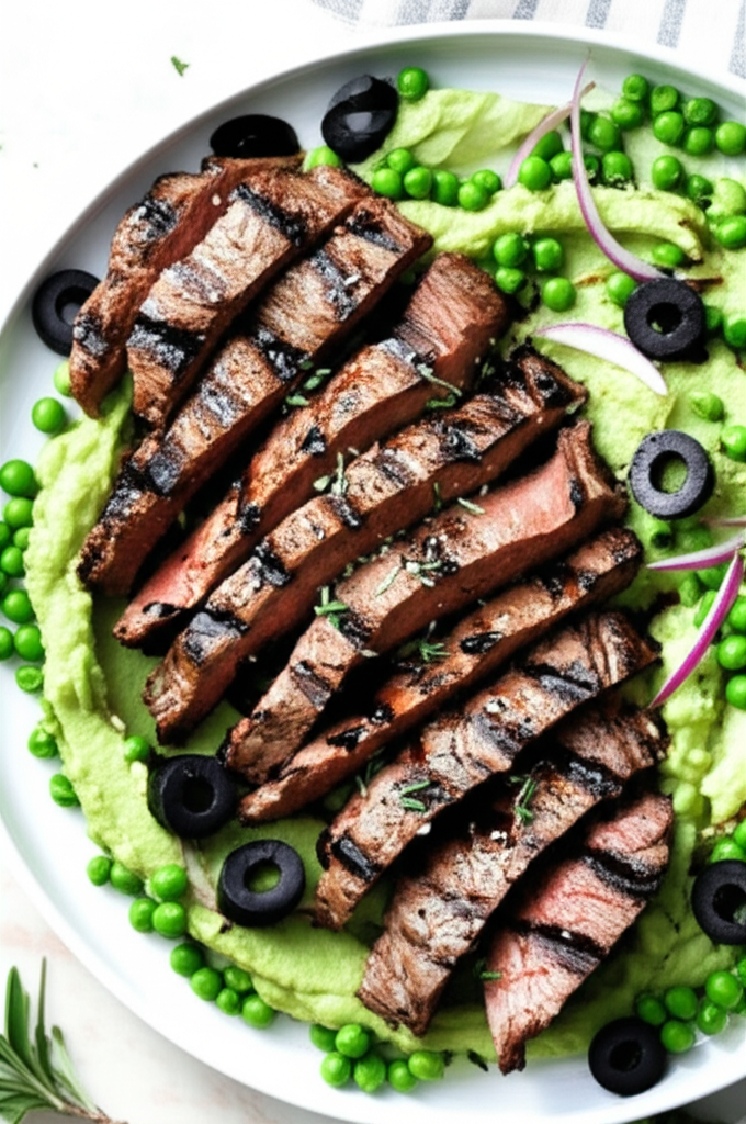 Balsamic Skirt Steak Fresh Greens Pea White Bean Puree image