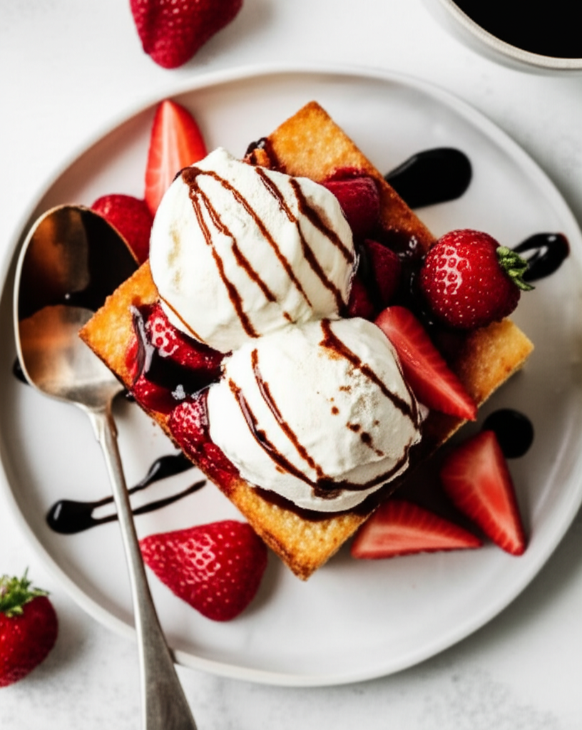 Balsamic Strawberries And Ice Cream On Pound Cake image