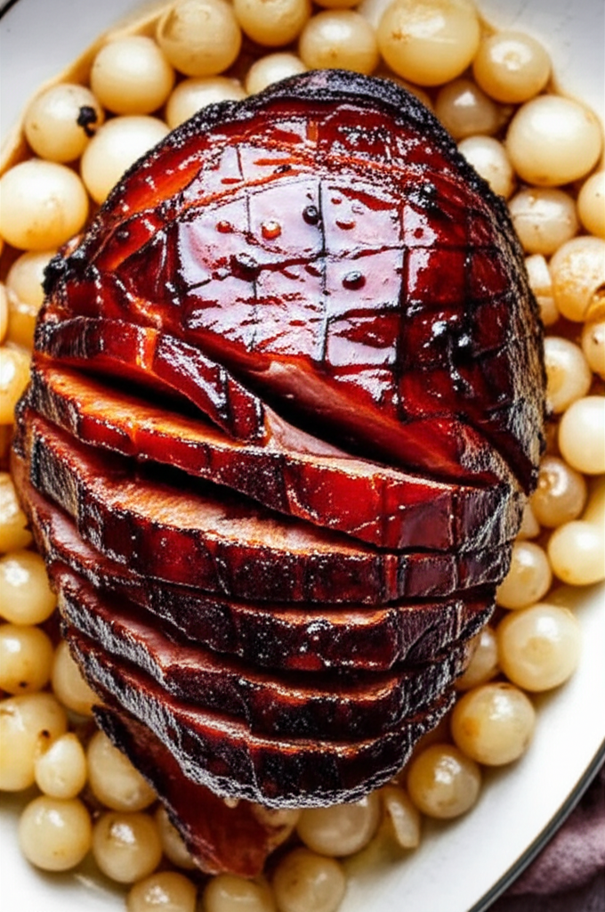 Balsamic And Dijon Glazed Ham With Roasted Pearl Onions image