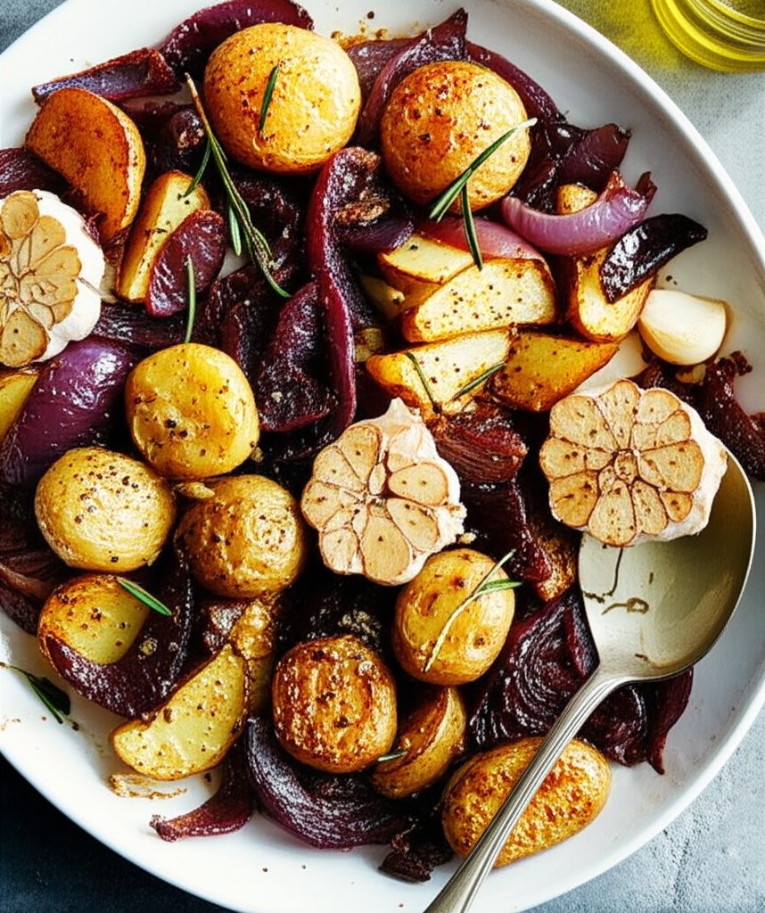 Balsamic Baked Onions And Potatoes Jamie Oliver image