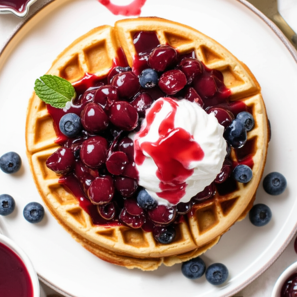 Banana Blueberry Waffles With Cherry Sauce image