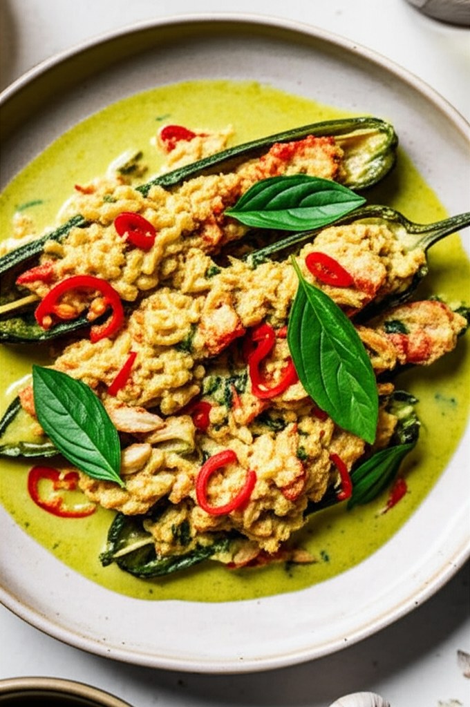 Banana Chilli Stuffed With Crab And Chicken In Green Curry Sauce image