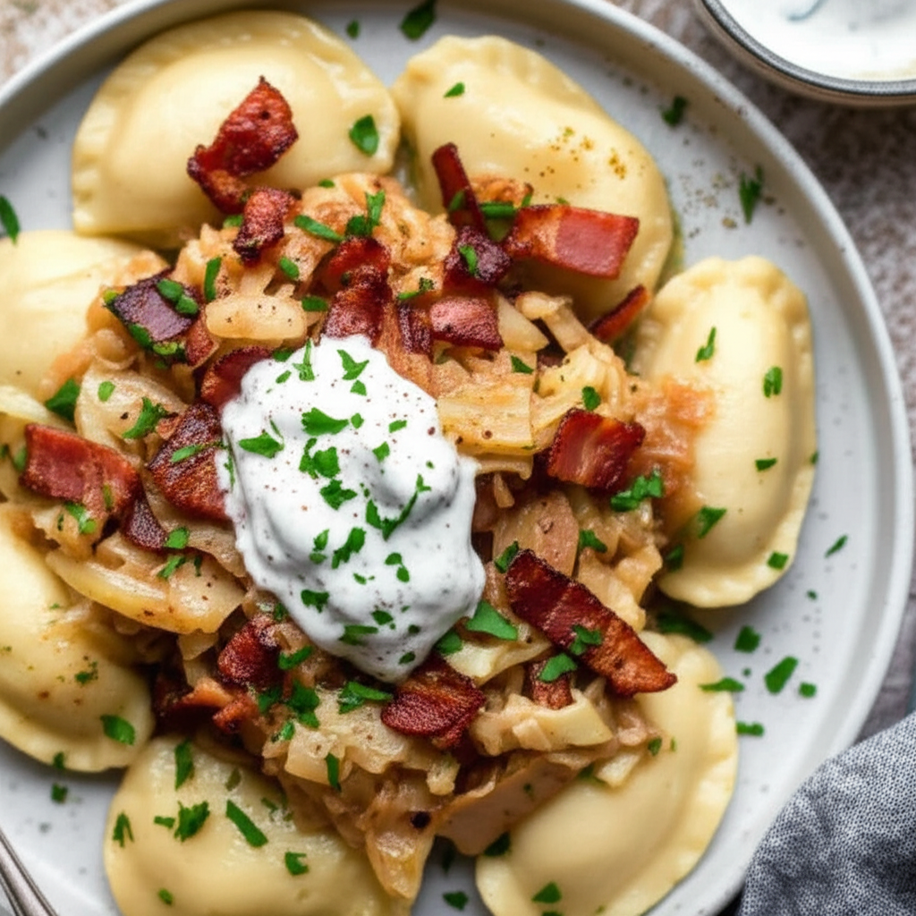 Potato Pierogies With Cabbage And Bacon image