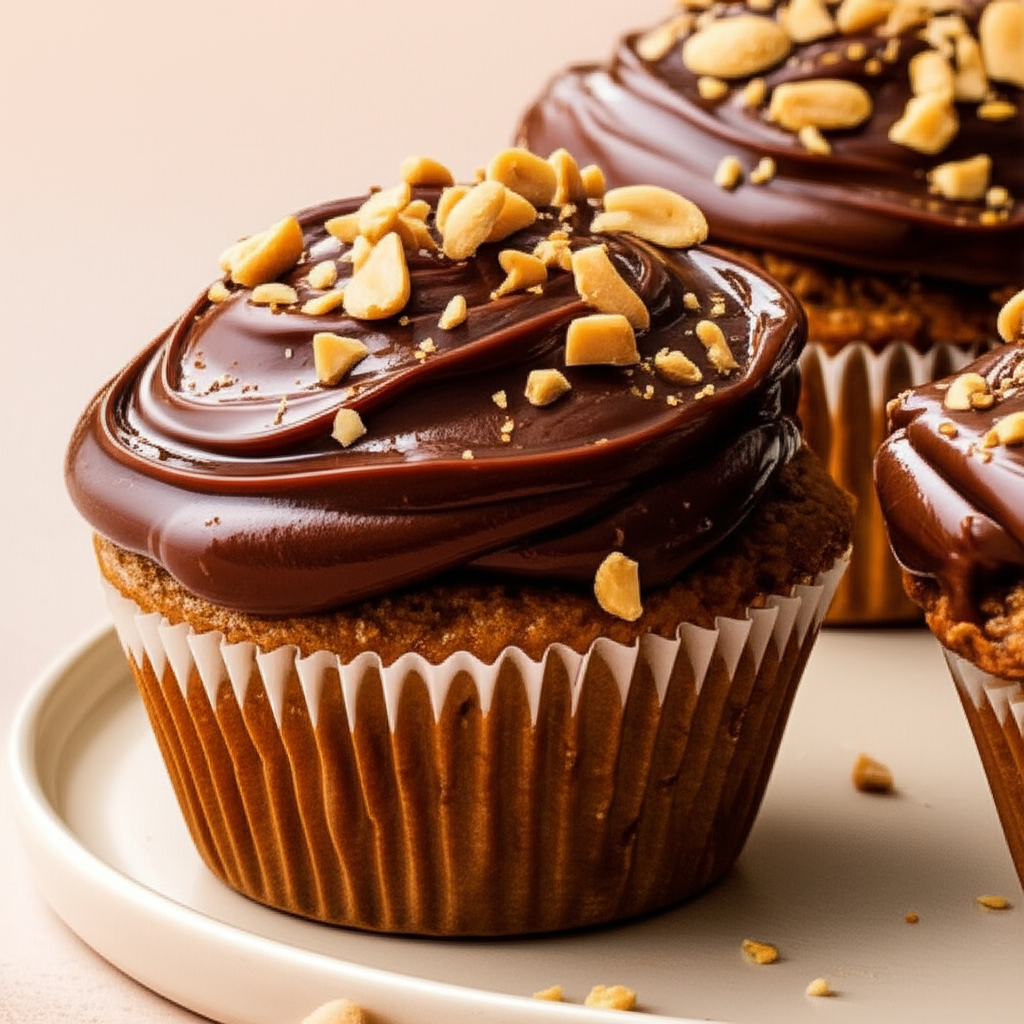 Banana Muffins With Chocolate Peanut Frosting image