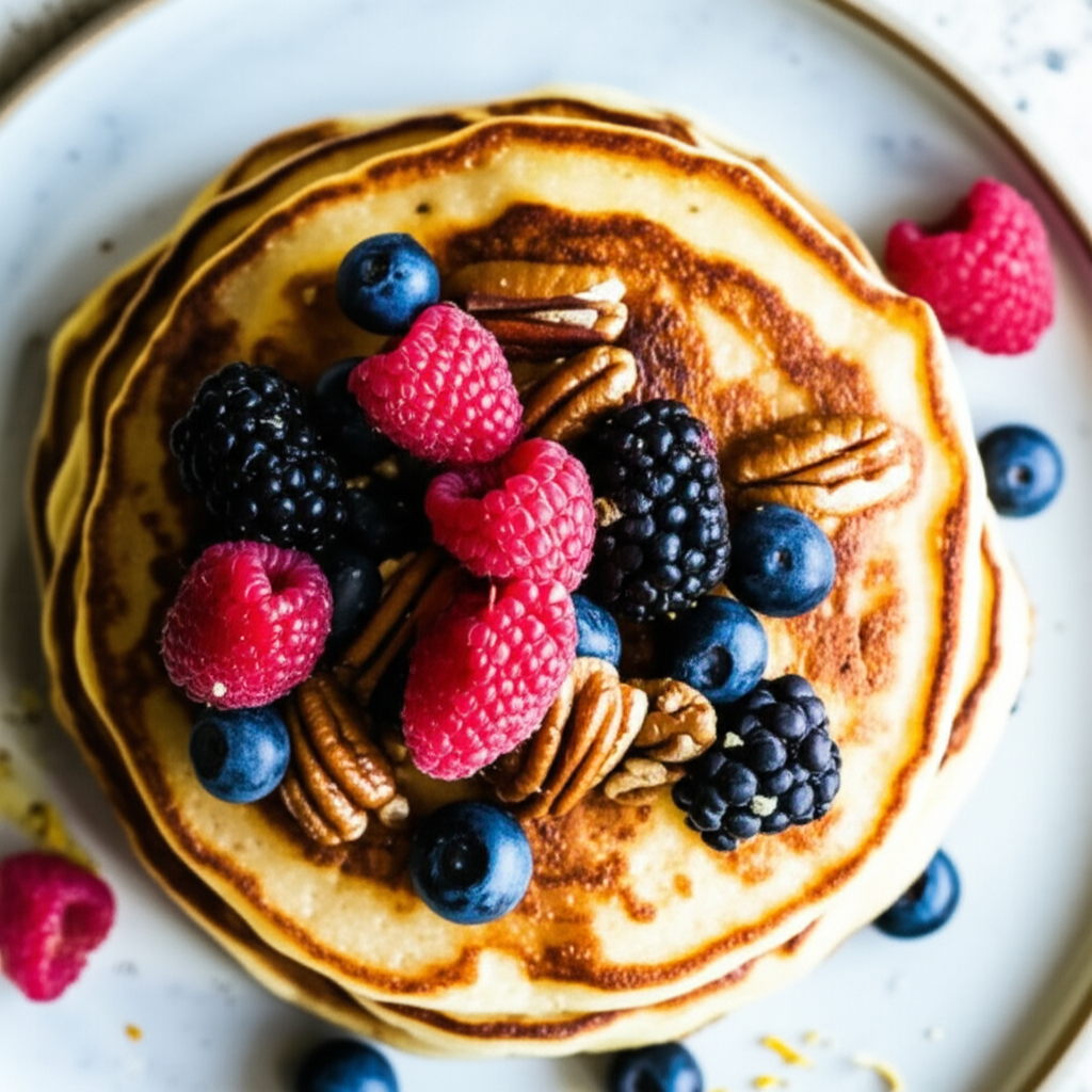 Banana Pecan Pancakes Served With Berries image