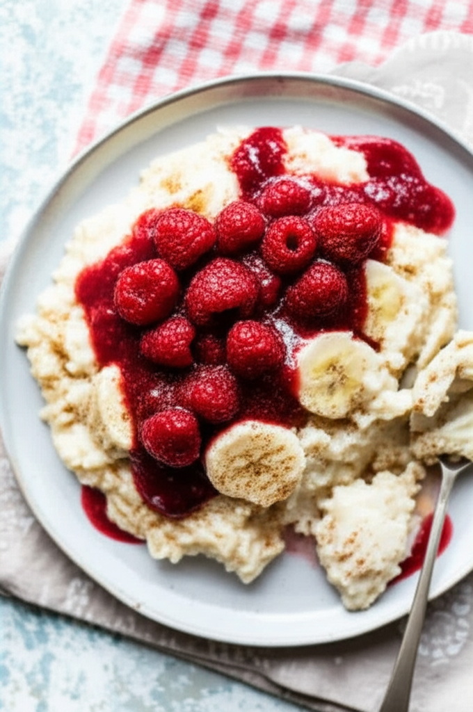 Banana Rice Pudding Served With A Raspberry Coulis image