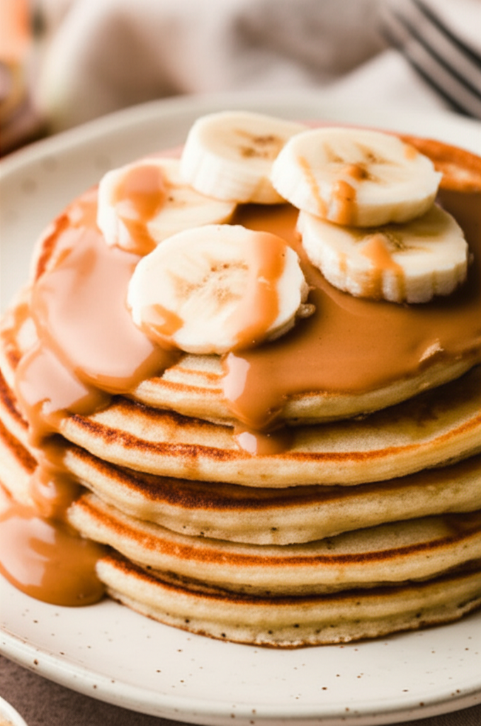Banana Yogurt Pancakes With Peanut Butter Maple Syrup image