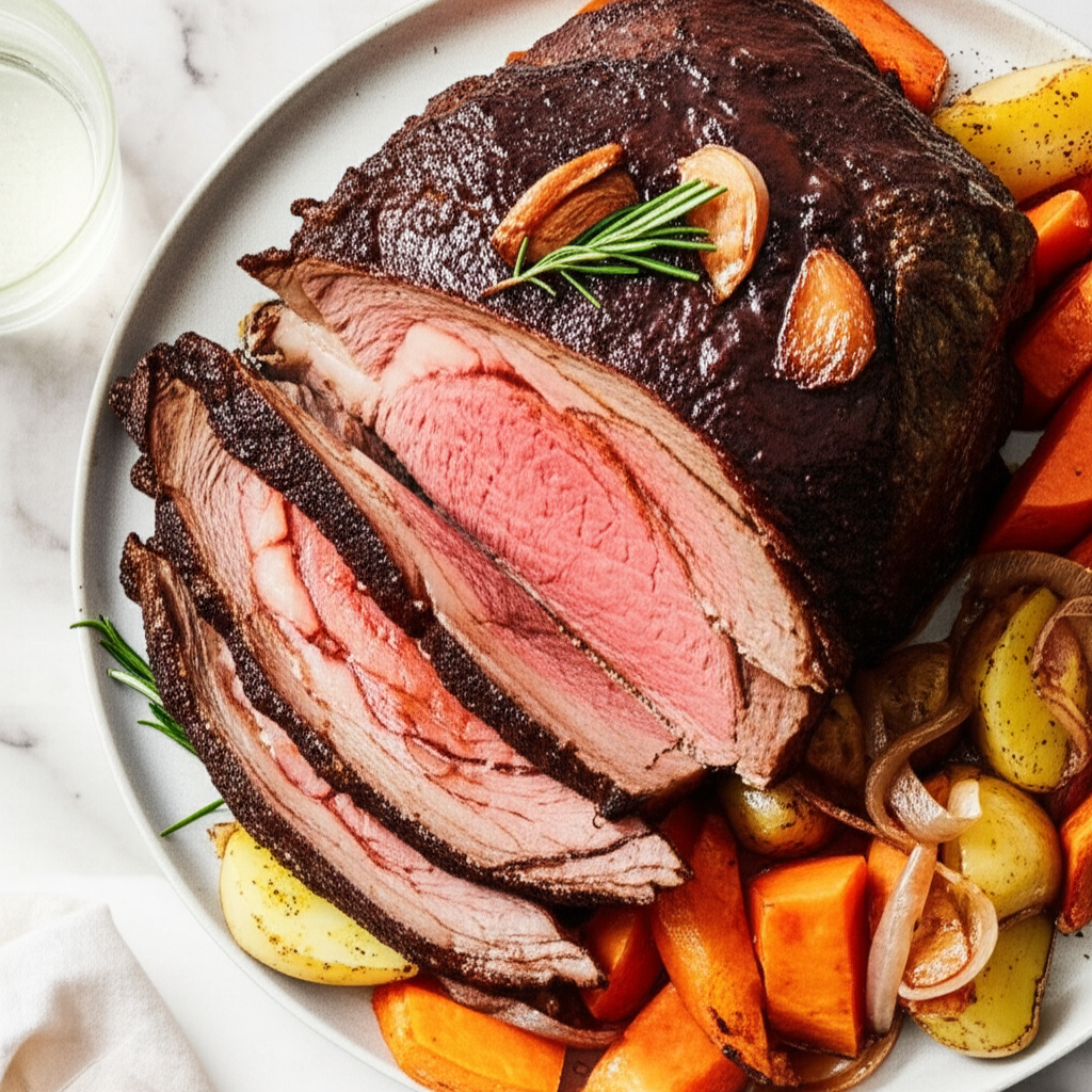 Rib Eye Roast And Oven Browned Vegetables With Easy Savory Sauce image