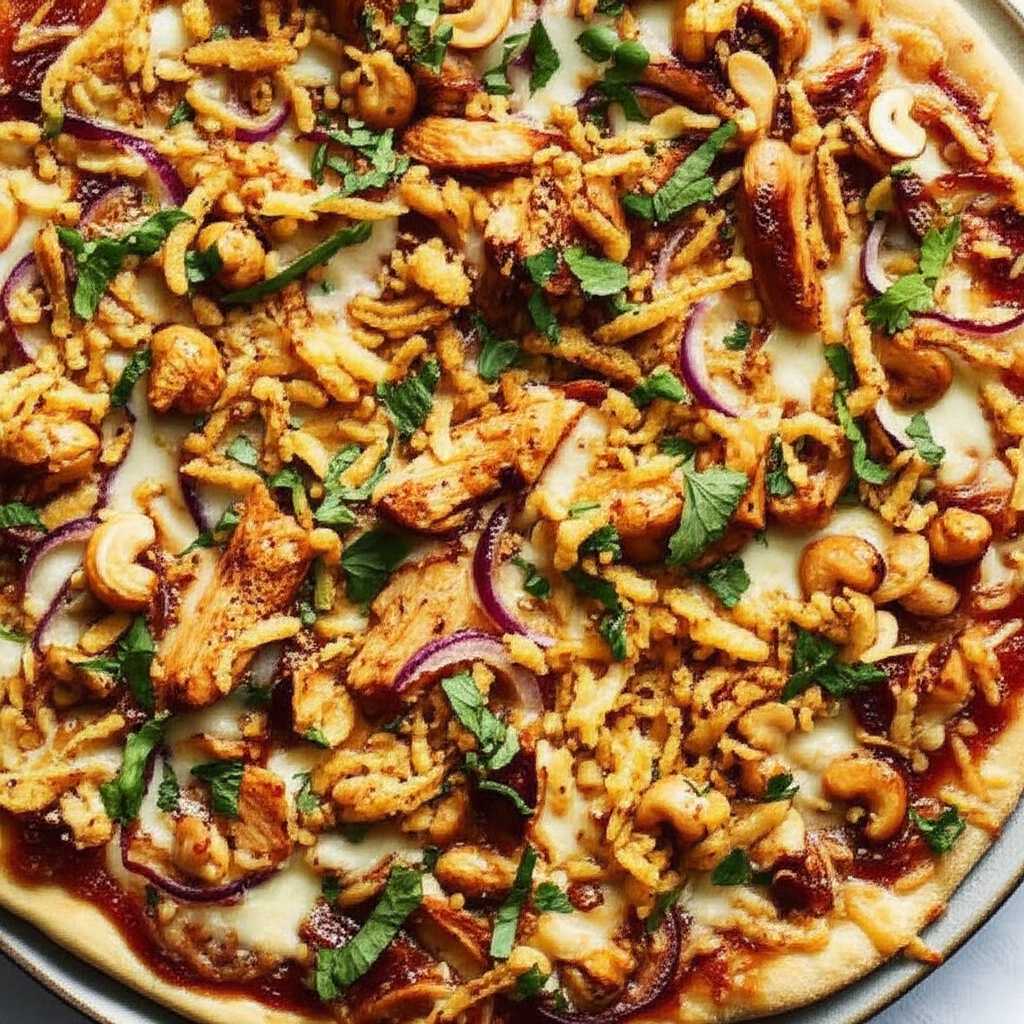Barbecue Cashew Chicken Pizza With French Fried Onions image