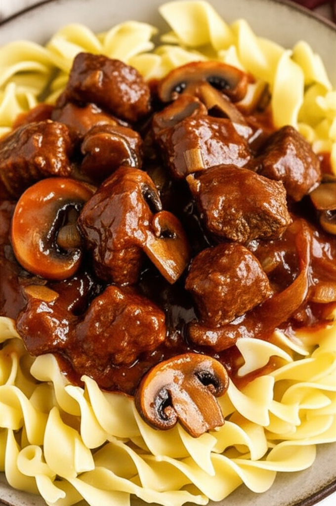 Barbecued Beef Cubes Over Noodles image
