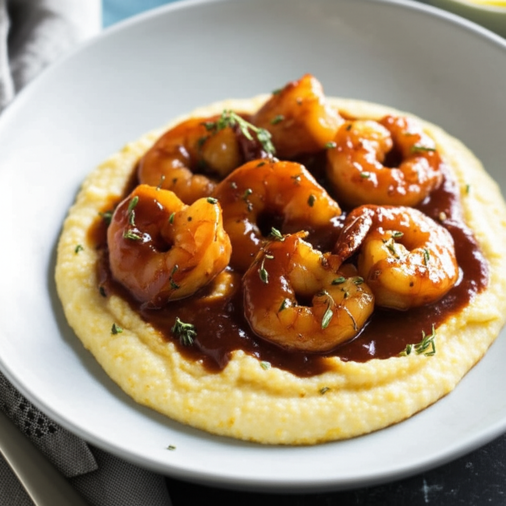 Barbecued Bourbon Shrimp With Cheddar Cheese Grits image