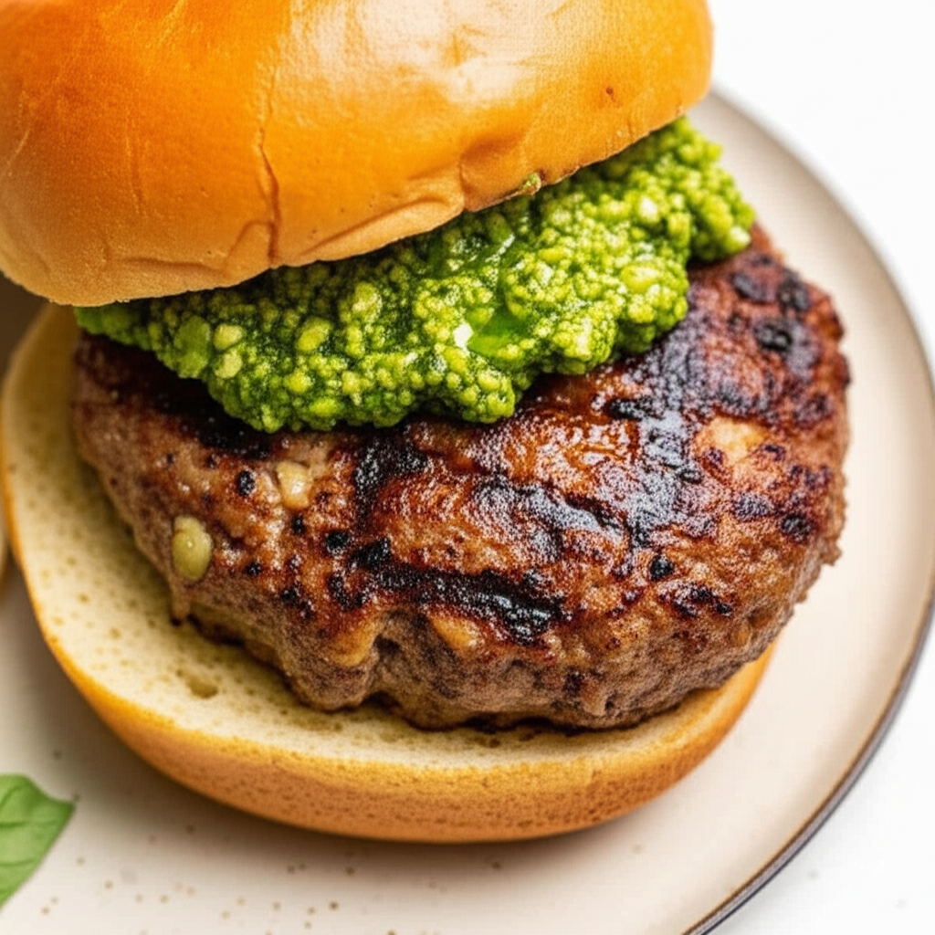 Barbecued Olive And Pesto Burgers image