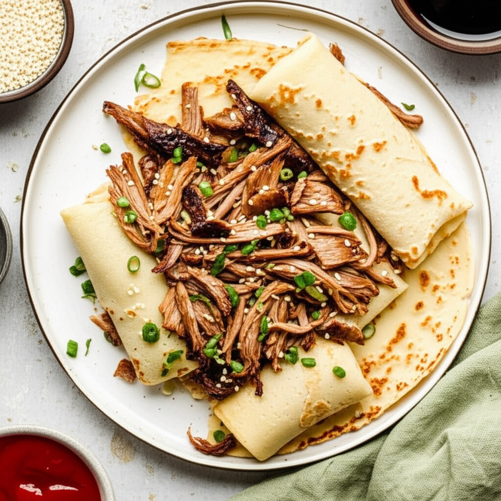 Shredded Pork Wrapped In Sesame Crepes image