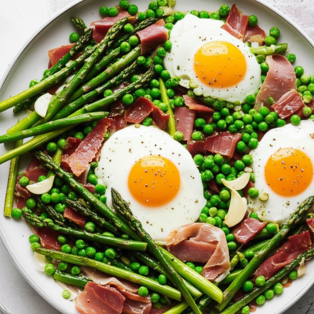 Basque Eggs With Ham Asparagus And Peas image