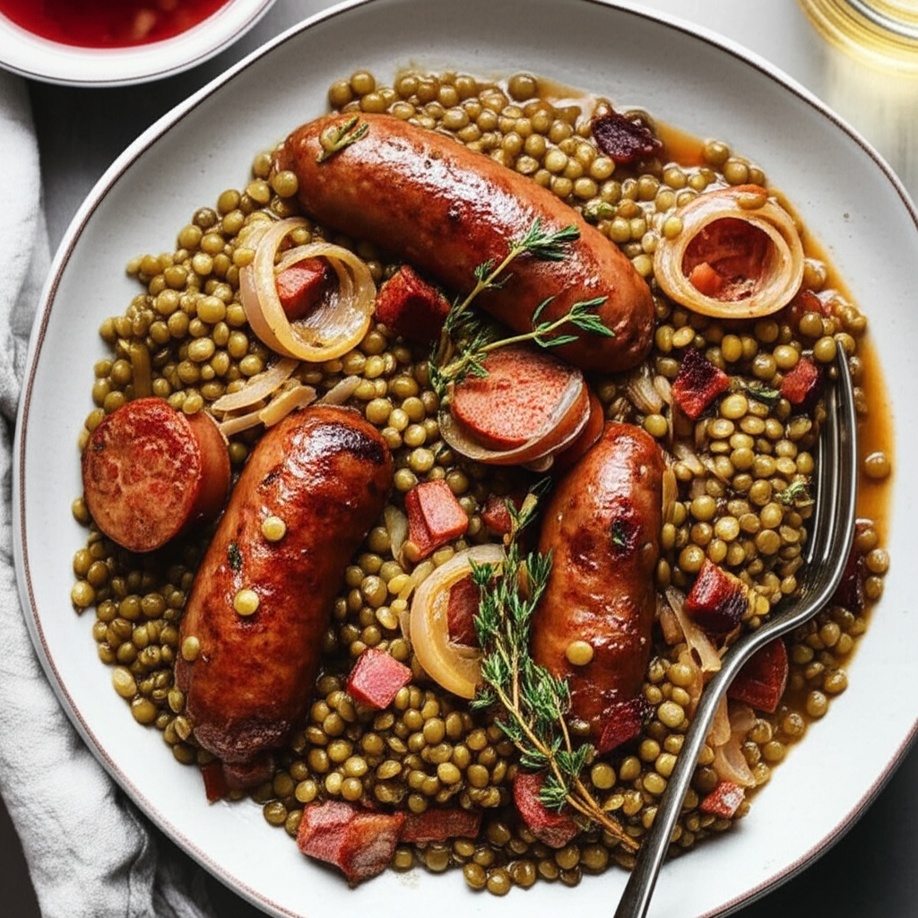 A Grape Picker S Lunch Sausages And Lentils With Thyme And Wine image