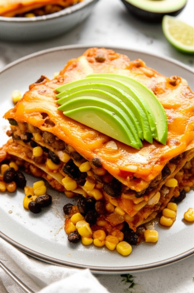Bean And Corn Tortilla Lasagna With Avocado image