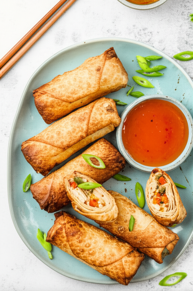 Spicy Chicken Egg Rolls With Honey Apricot Dipping Sauce image