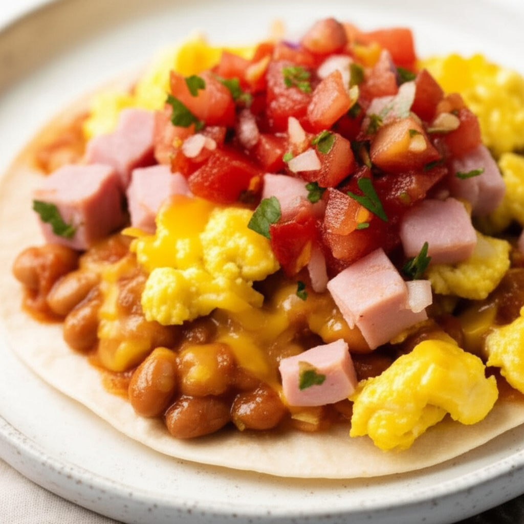 Bean Egg And Ham Breakfast Tostada image