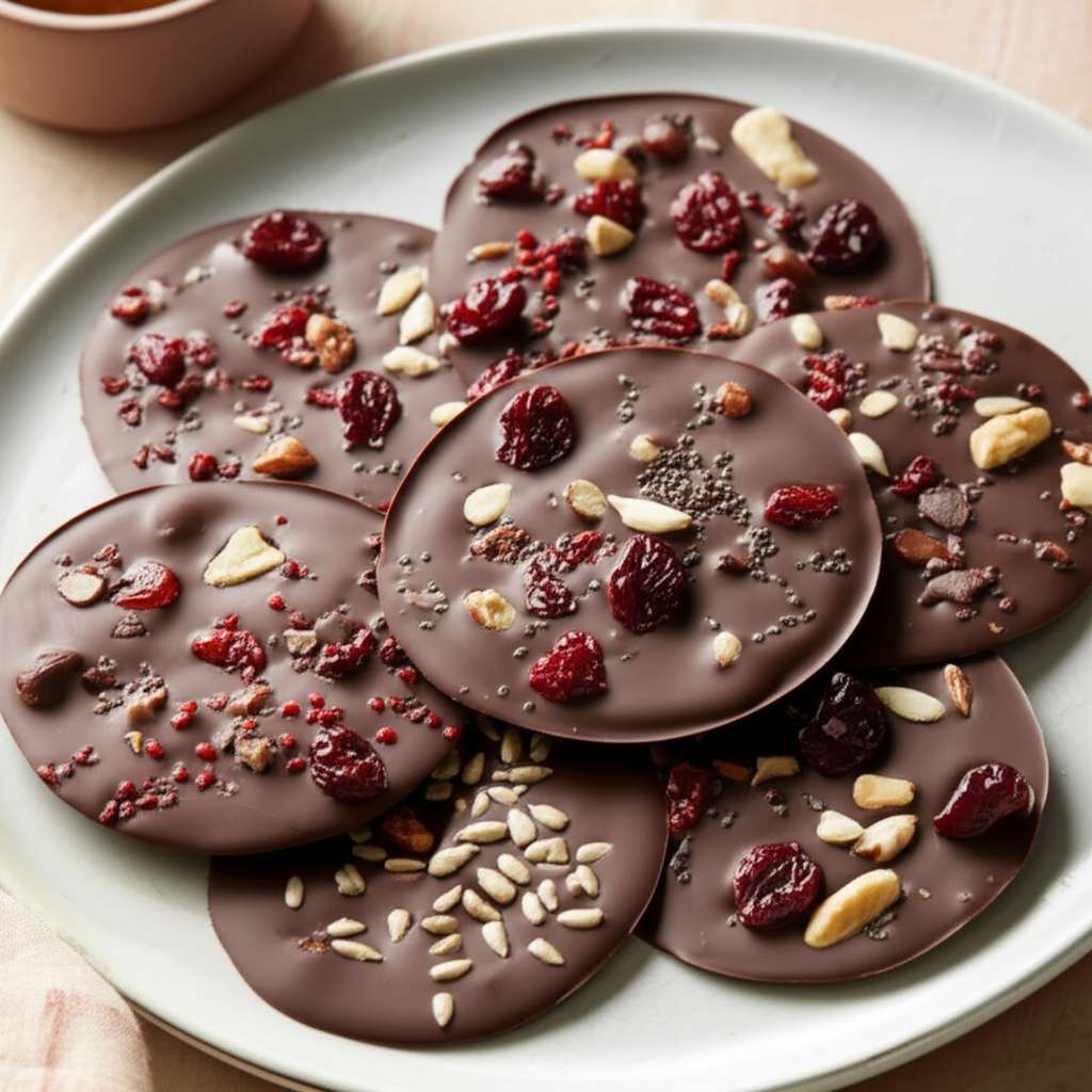 Beautiful Chocolate Disks With Seeds And Fruits image