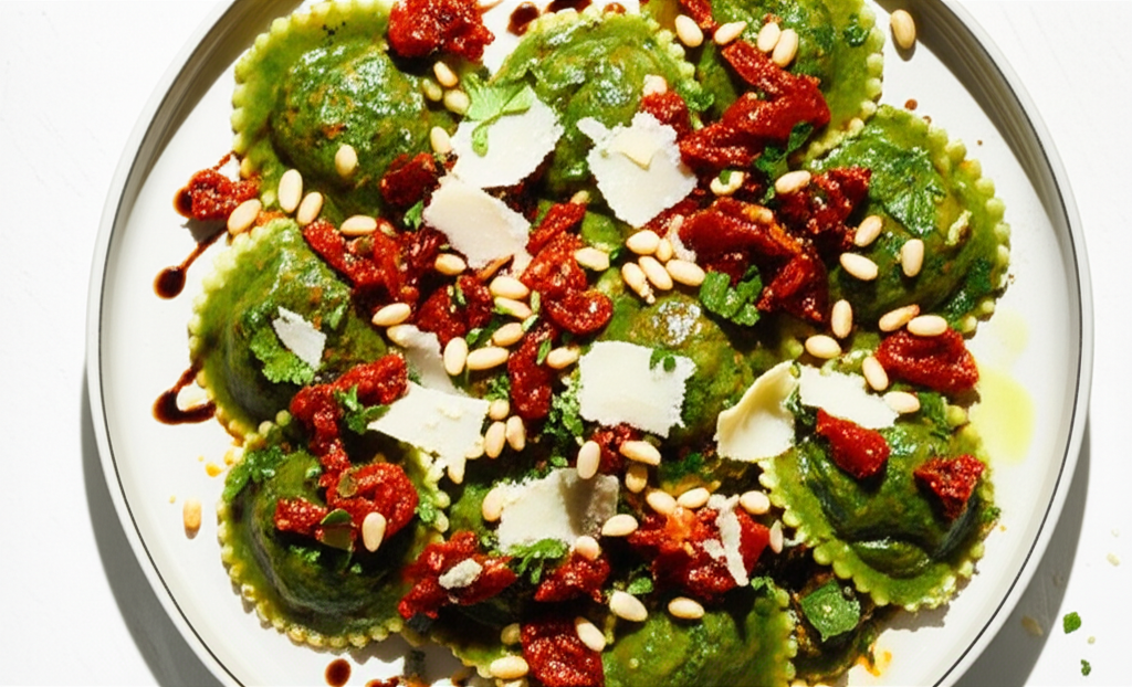 Spinach Ravioli With Sun Dried Tomatoes And Pine Nut Salsa image