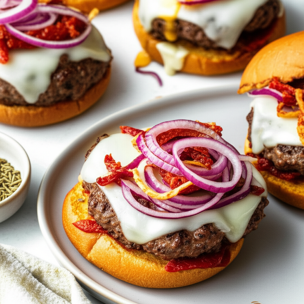Beef Andouille Burgers With Asiago Cheese image