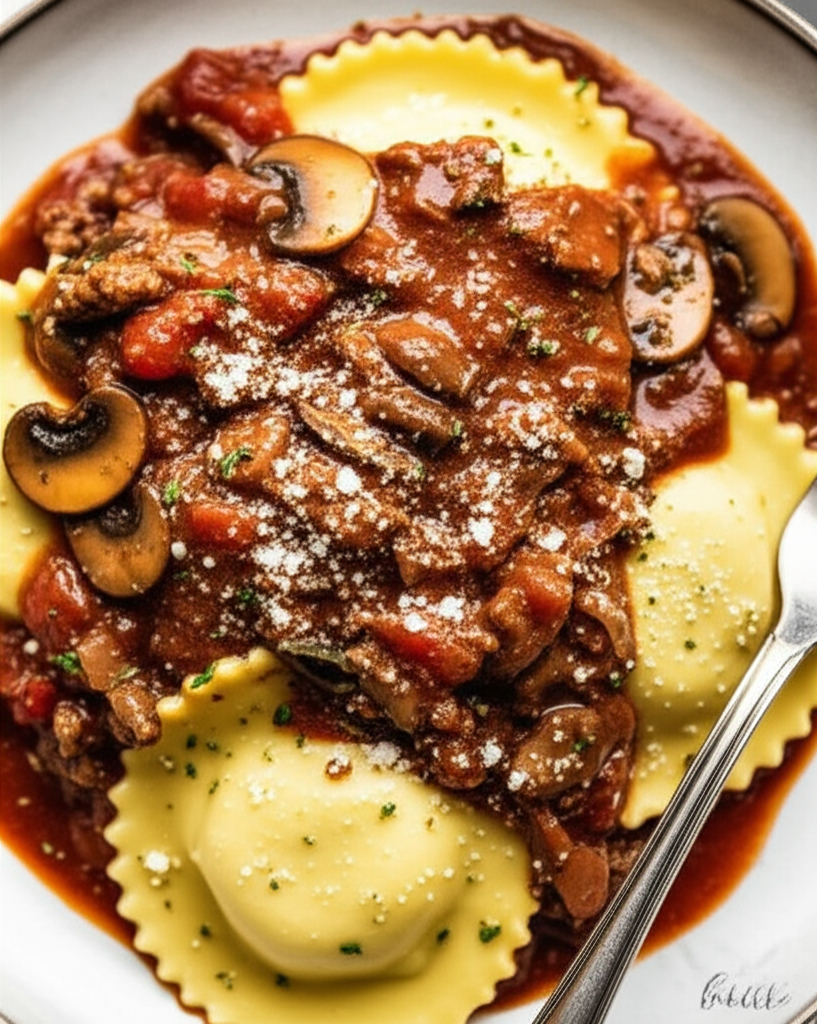 Beef Mushroom Ragu Over Fresh Cheese Ravioli image