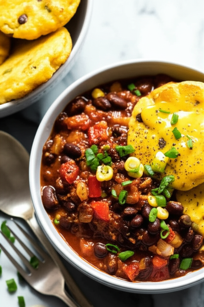 Beef And Black Bean Chili With Green Onion Corn Cakes image