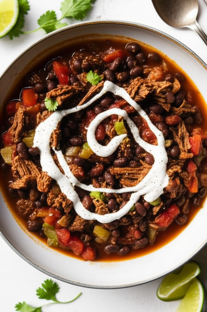 Beef And Black Bean Chili With Toasted Cumin Crema Bobby Flay image