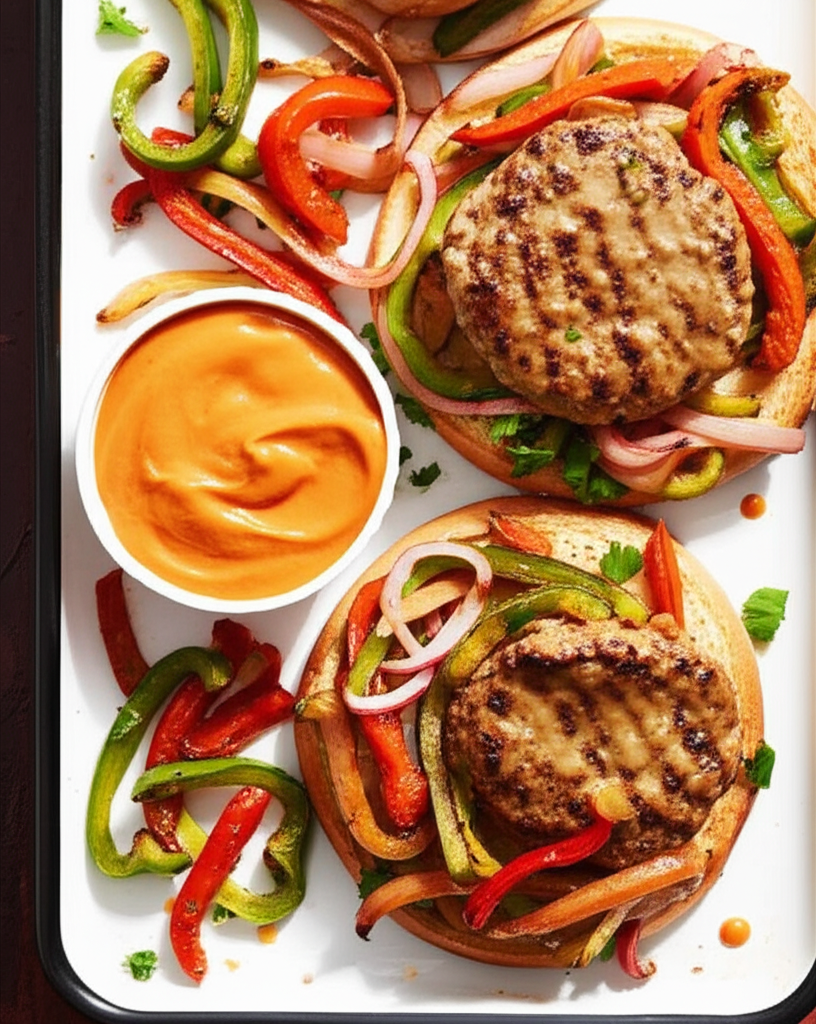 Beef And Chicken Fajita Burgers With Seared Peppers And Onions image
