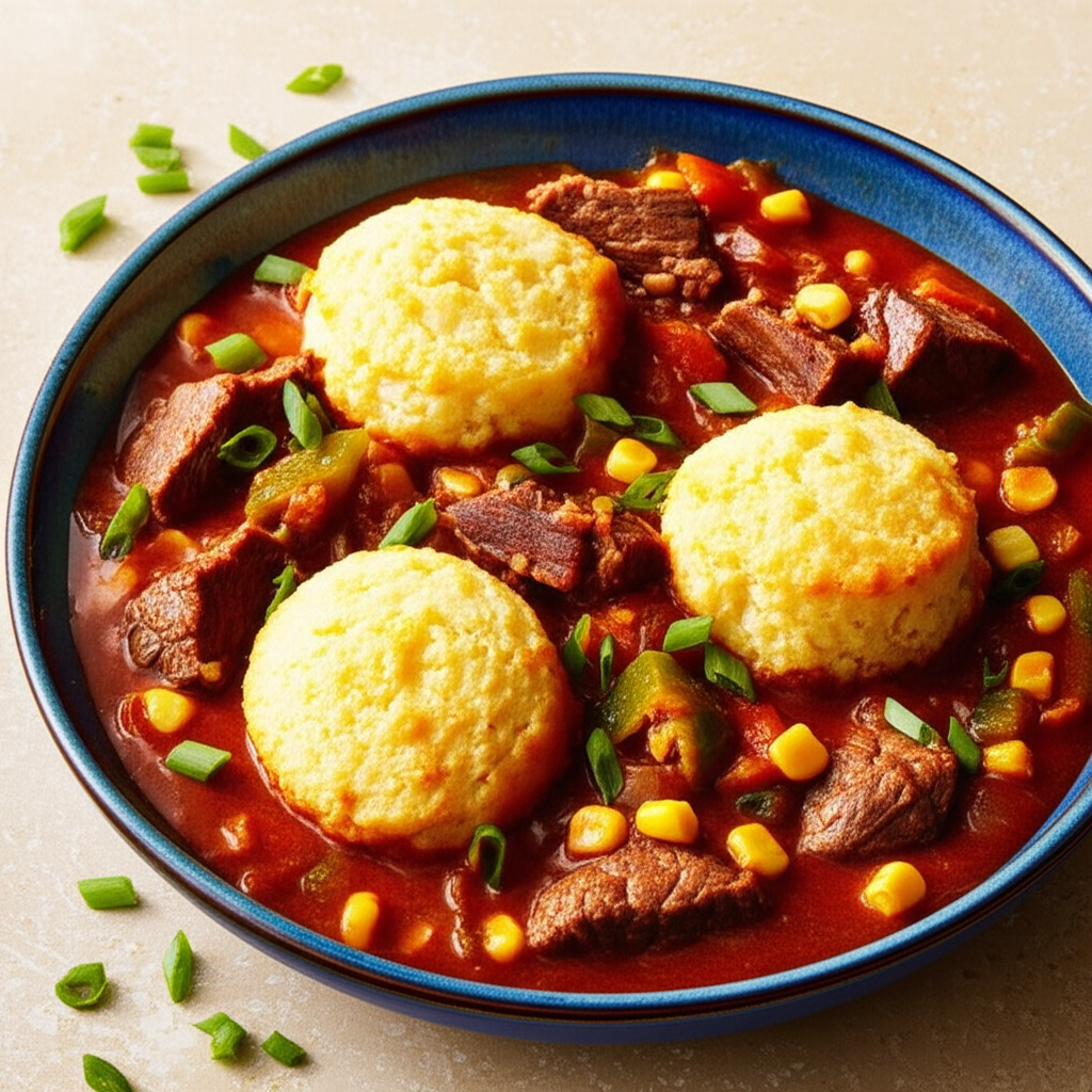 Beef And Chili Stew With Cornbread Dumplings image