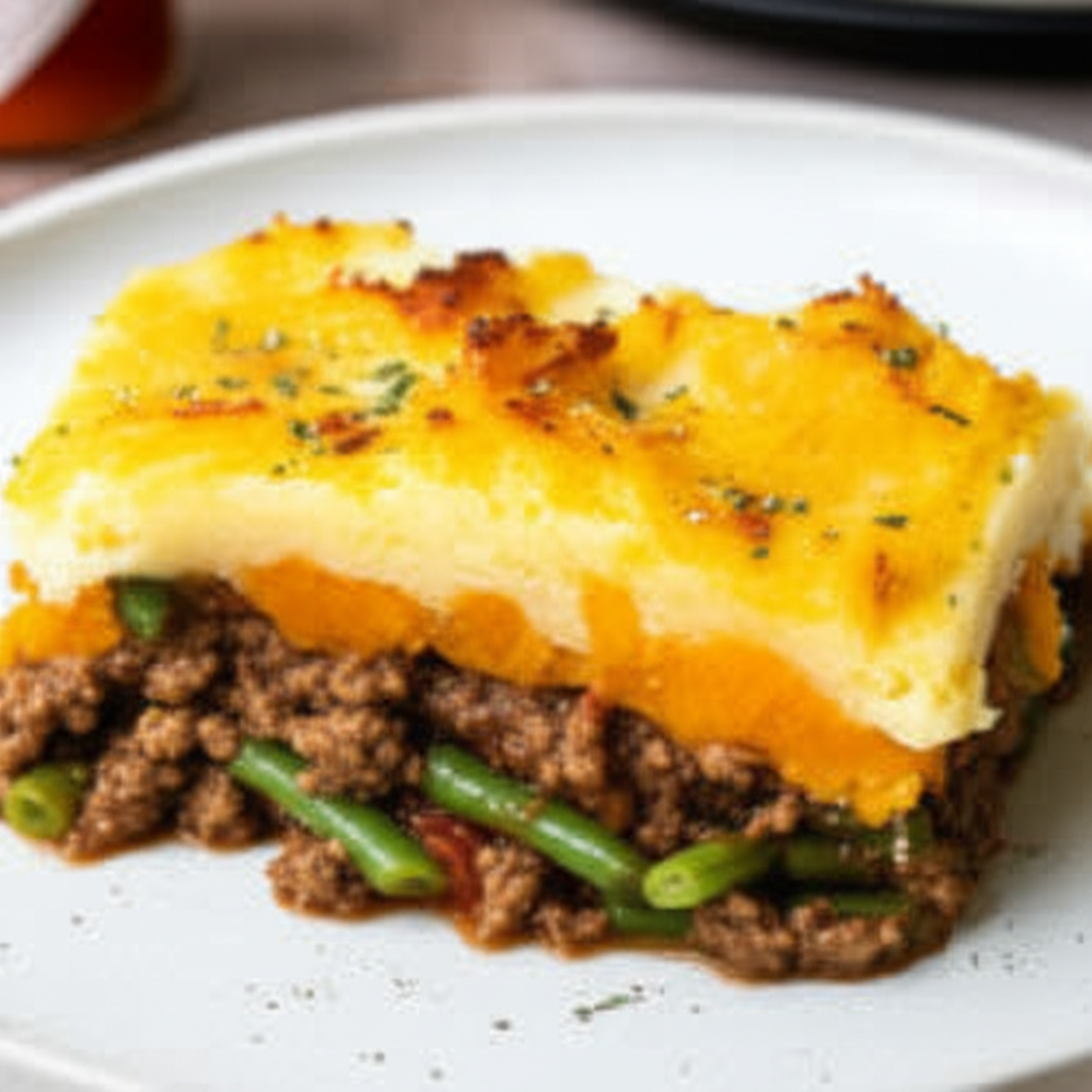 Beef And Green Bean Pie With Squash And Potato Topping image