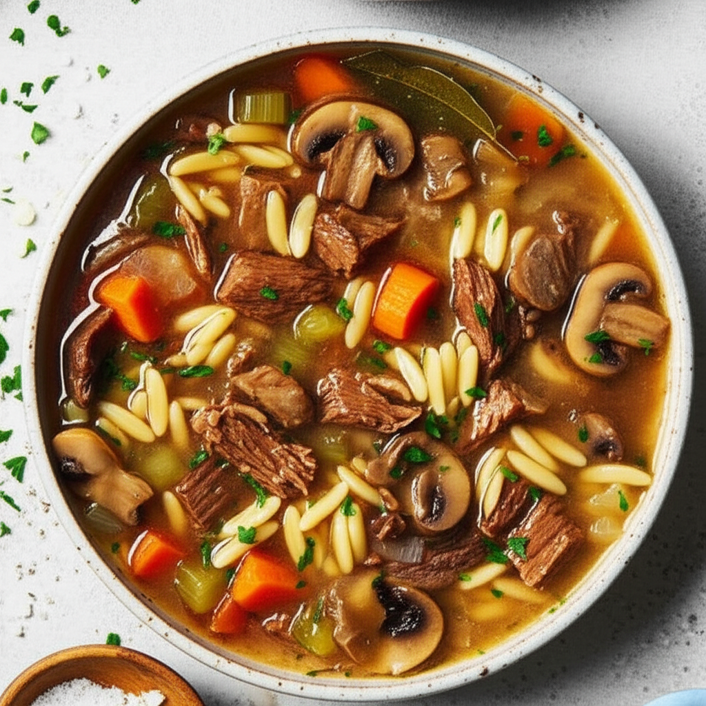 Beef And Mushroom Soup With Orzo image
