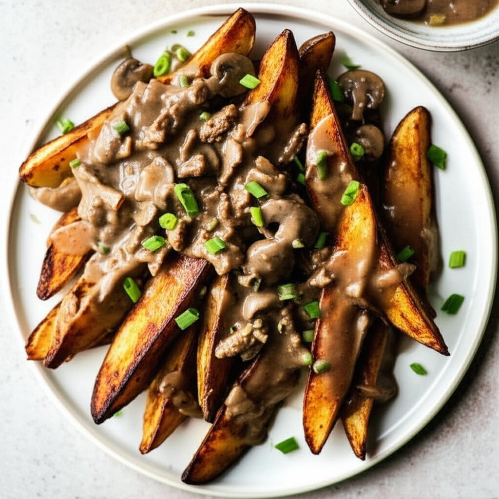 Beef And Mushroom Topped Potato Wedges