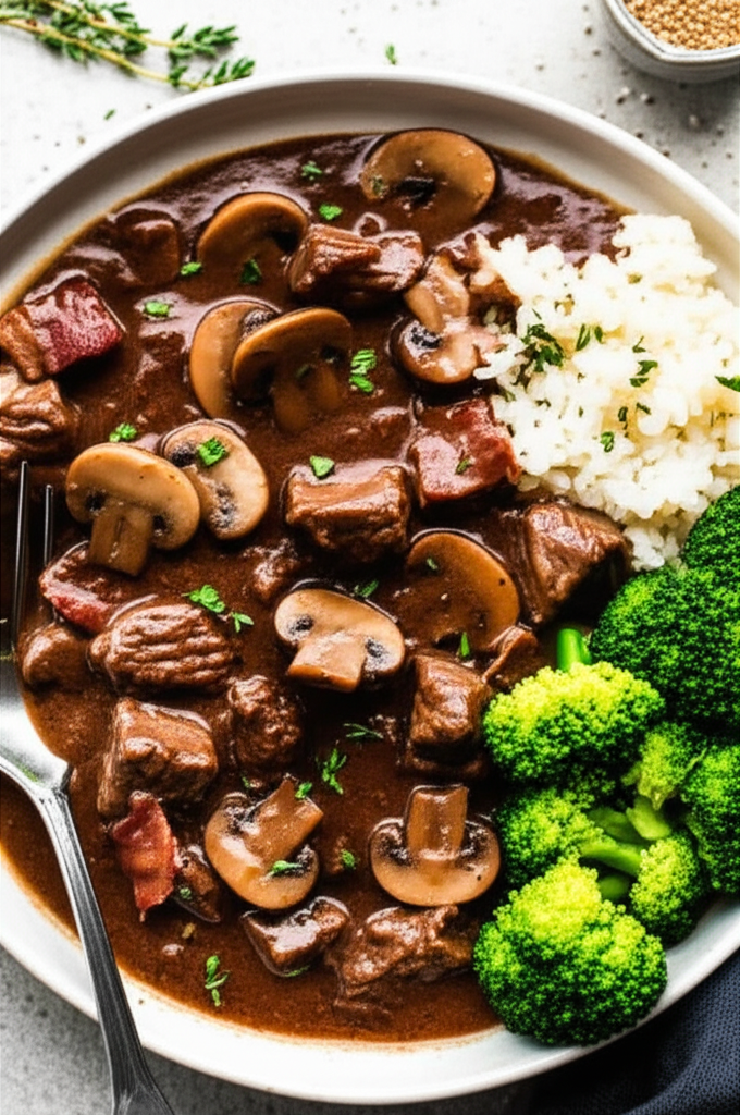 Beef And Mushrooms In Red Wine Sauce image