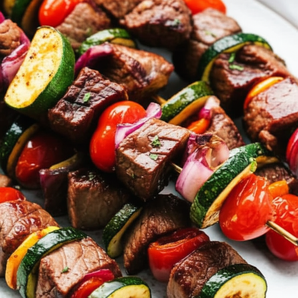 Beef And Vegetable Kabobs In Red Wine Marinade image