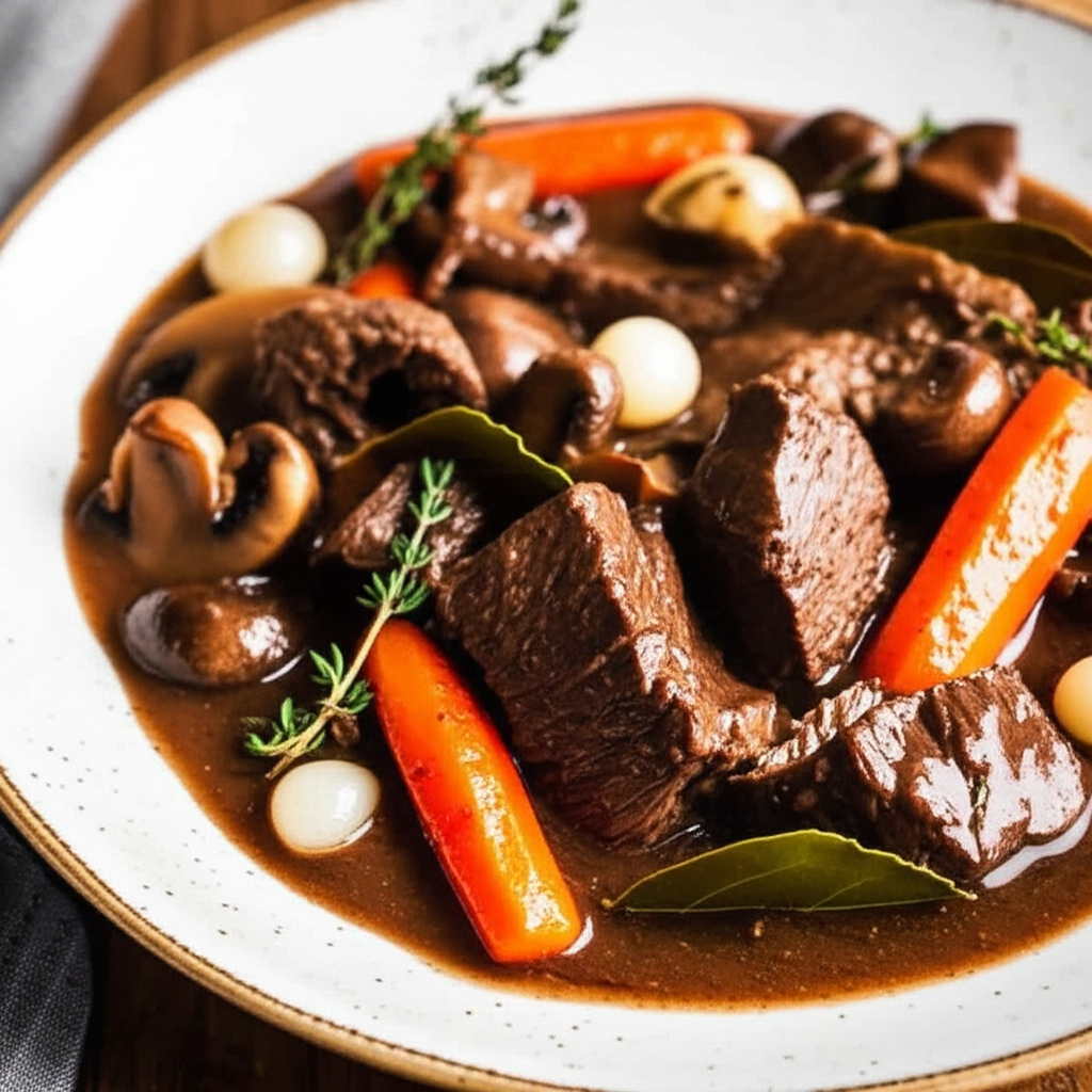 Beef Braised With Red Wine And Mushrooms image