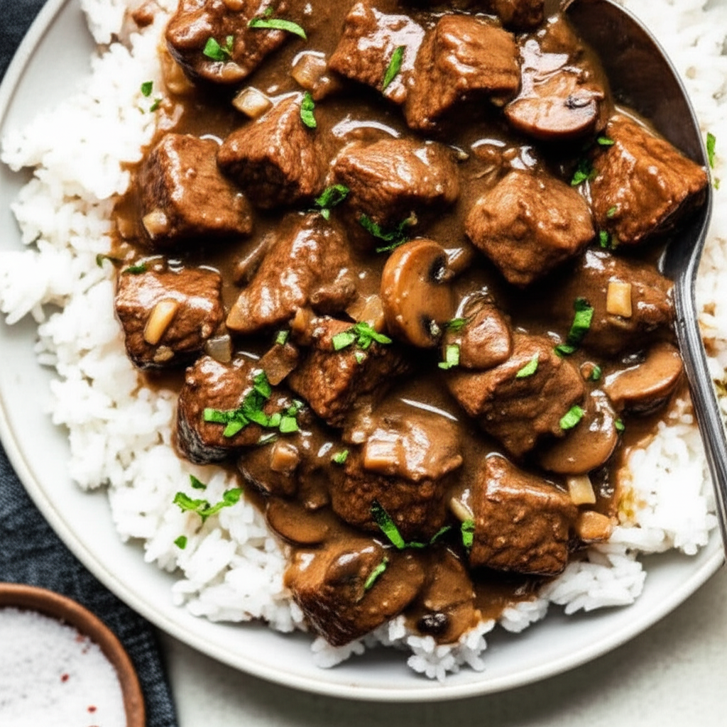 Beef Cubes In Mushroom Sauce image
