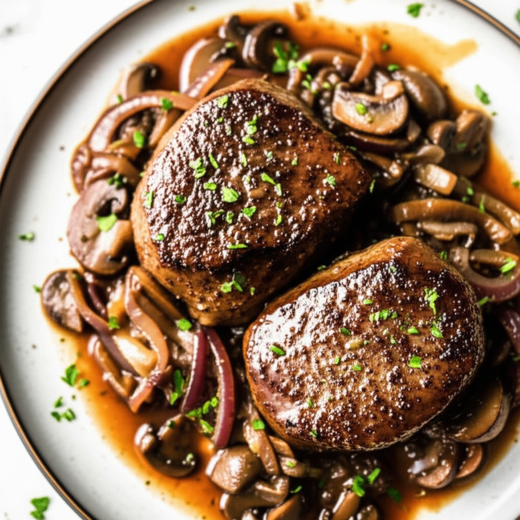 Beef Filets With Cognac Mushroom Onion Sauce image