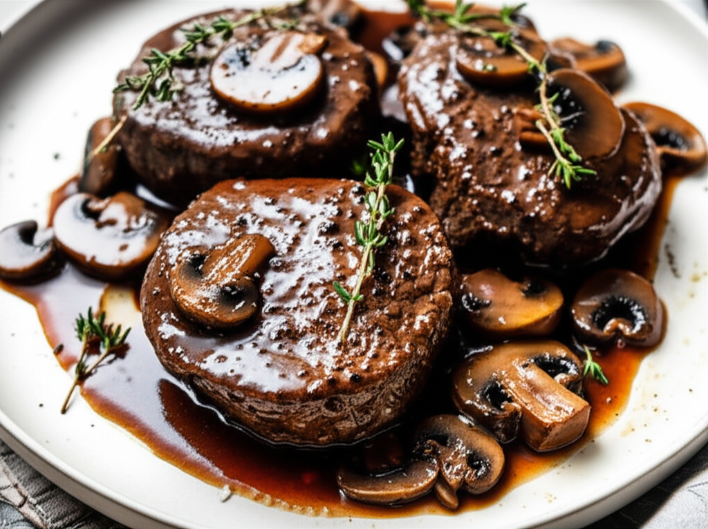 Beef Medallions And Mushrooms In Red Wine Sauce image