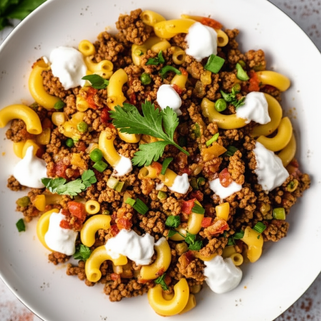 Beef Mince And Macaroni With A Yoghurt Garlic Sauce image