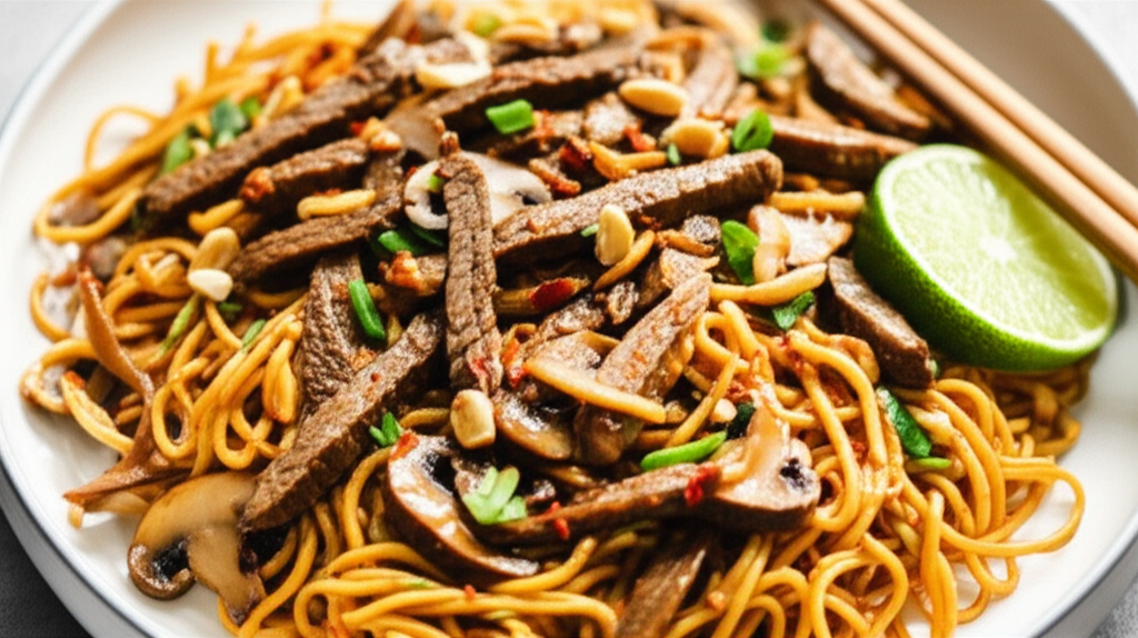 Beef Pad Thai With Peanut Sauce Asian Noodles image