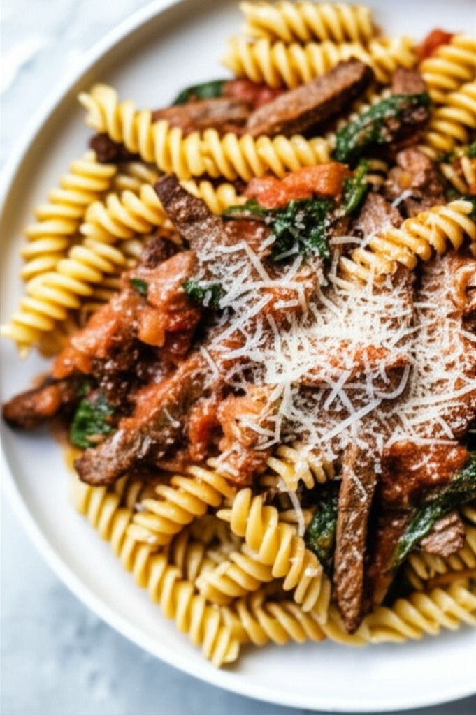 Beef Pasta With Tomato Spinach Sauce image