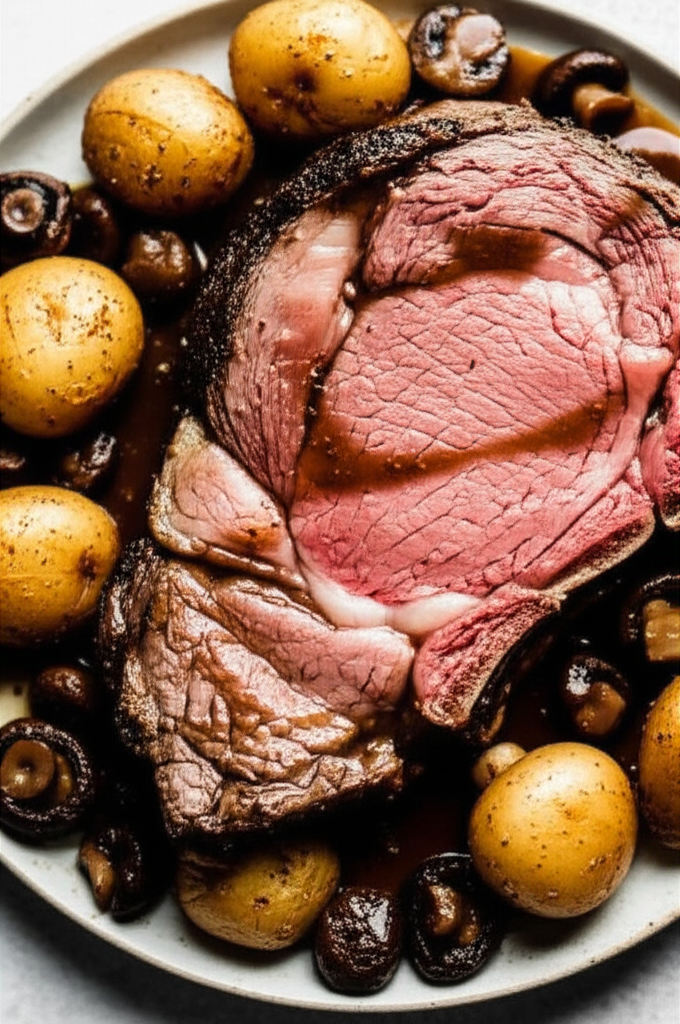 Beef Rib Eye Roast With Potatoes Mushrooms And Pan Gravy image