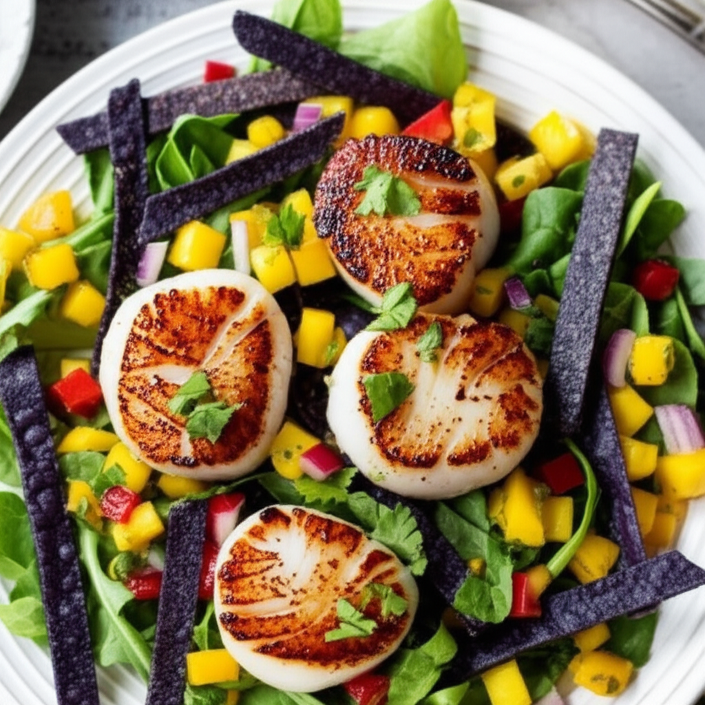 A Salad Of Seared Scallops Mango Salsa And Tortilla Strips image