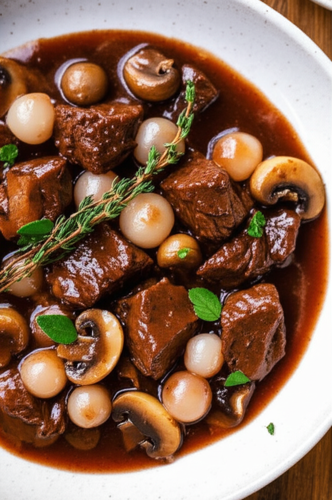 Beef Stewed In Red Wine With Pearl Onions And Mushrooms image